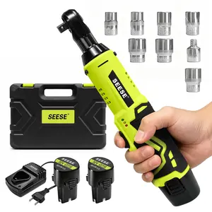 SEESE Cordless Electric Right Angle Ratchet Wrench, Socket Ratchet Wrench,3/8" Drive Cordless Torque Wrench With 2 Packs 1500mAh Lithium-Ion Battery And Charger，Includes 8 Sockets,Car Repair Tool for Screw & Nut Removal, Professional Power Tools