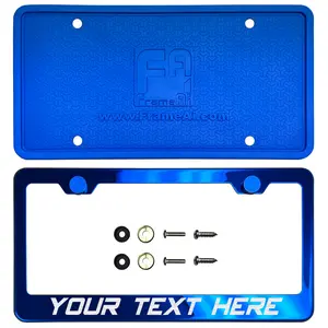 Frame Ai Blue Chrome T304 Stainless Steel License Plate Frame with Metal Twist-On Screw Caps, Laser-Etched Custom Text, and Silicone Back guard