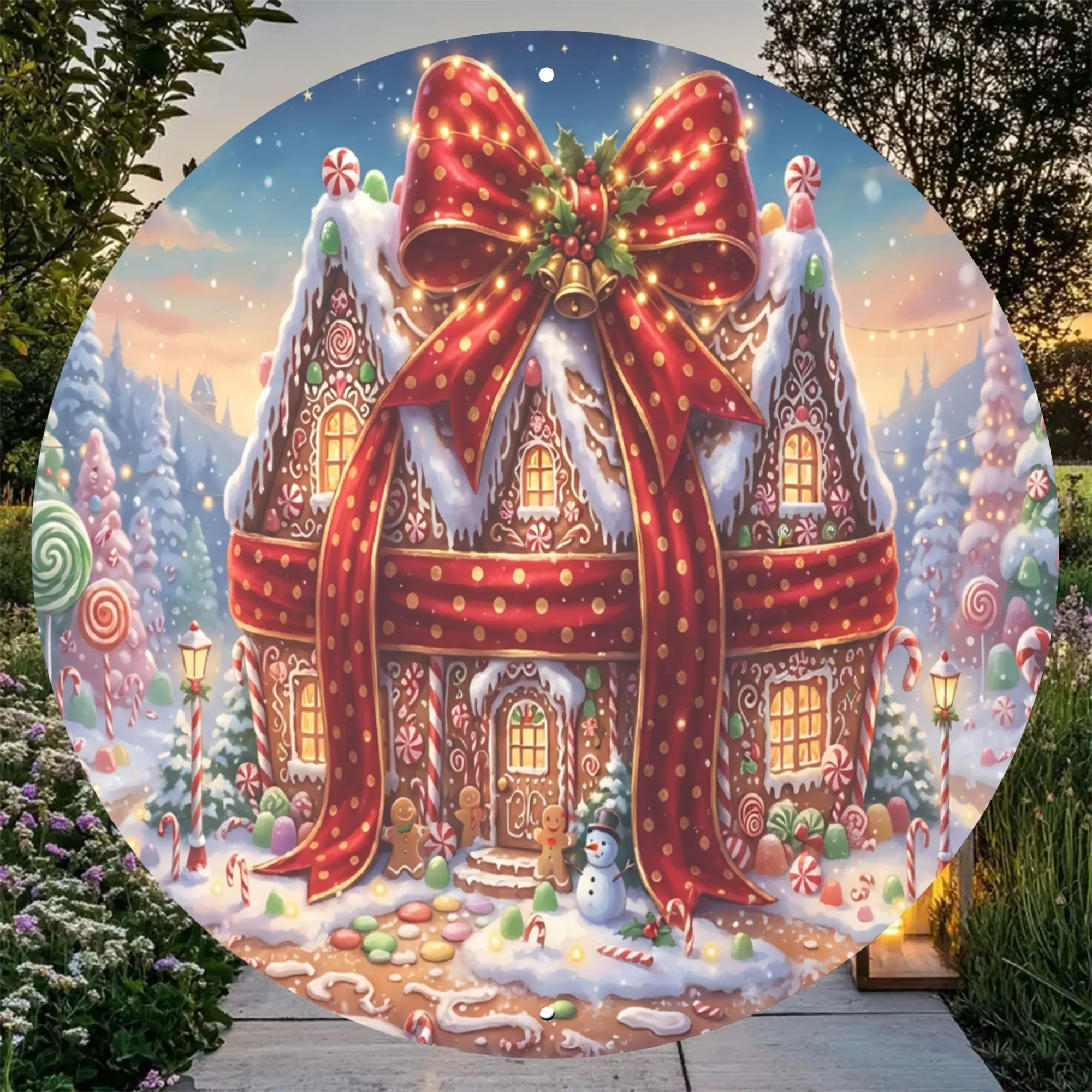 Round Aluminum Metal Wall Sign for Bedroom Living Room Dorm Entryway, Christmas Winter Gingerbread House Candy Cane Big Red Bow Snowy Forest Printed Wall Decor, 2D Flat Waterproof All Weather Rustproof Aluminum Hanging Plaque