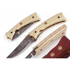 Handmade Damascus Folding Knife with Engraved Brass Handle & Precision Lock | JW SteelCrafts