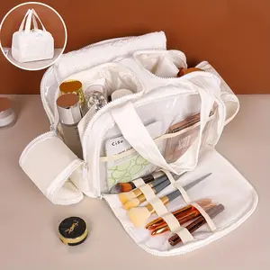 White Foldable Makeup Bag | Large Capacity Waterproof PU Leather Toiletry Organizer with Multi-compartments & Handle, Portable Travel Cosmetic Storage Bag for Women