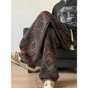 Men's Clothing Ethnic Style Jacquard Pants Men's Autumn Niche Design Knitted Sweatpants Retro Wide-leg Casual ootd  fashion Menswear Navy Blue baggy clothes elastic casual pant Gamis Trouser blake extreme baggy jean(Raincoats)