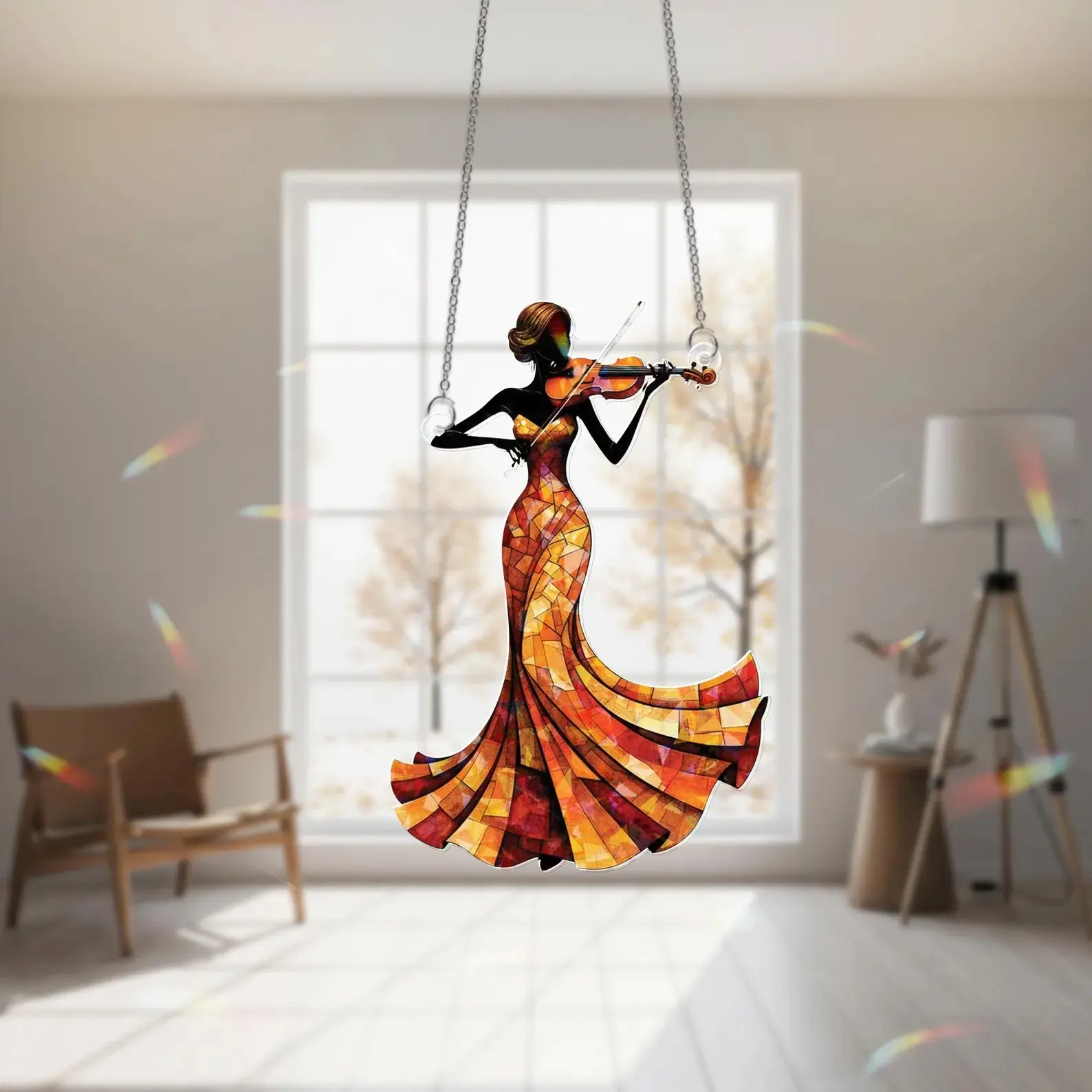 African American Woman Violinist Hologram Window Hanging, Elegant Music Suncatcher, Glass Style Prism Window Decor