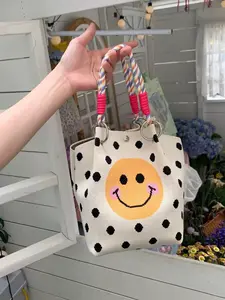 Smiley Face Knit Handbag, Geometric Pattern, Fashionable Patterned Bag, Cute Style, All Seasons, Cosmetic Bag, Crossbody Shoulder Bag, Commuter Tot Bag