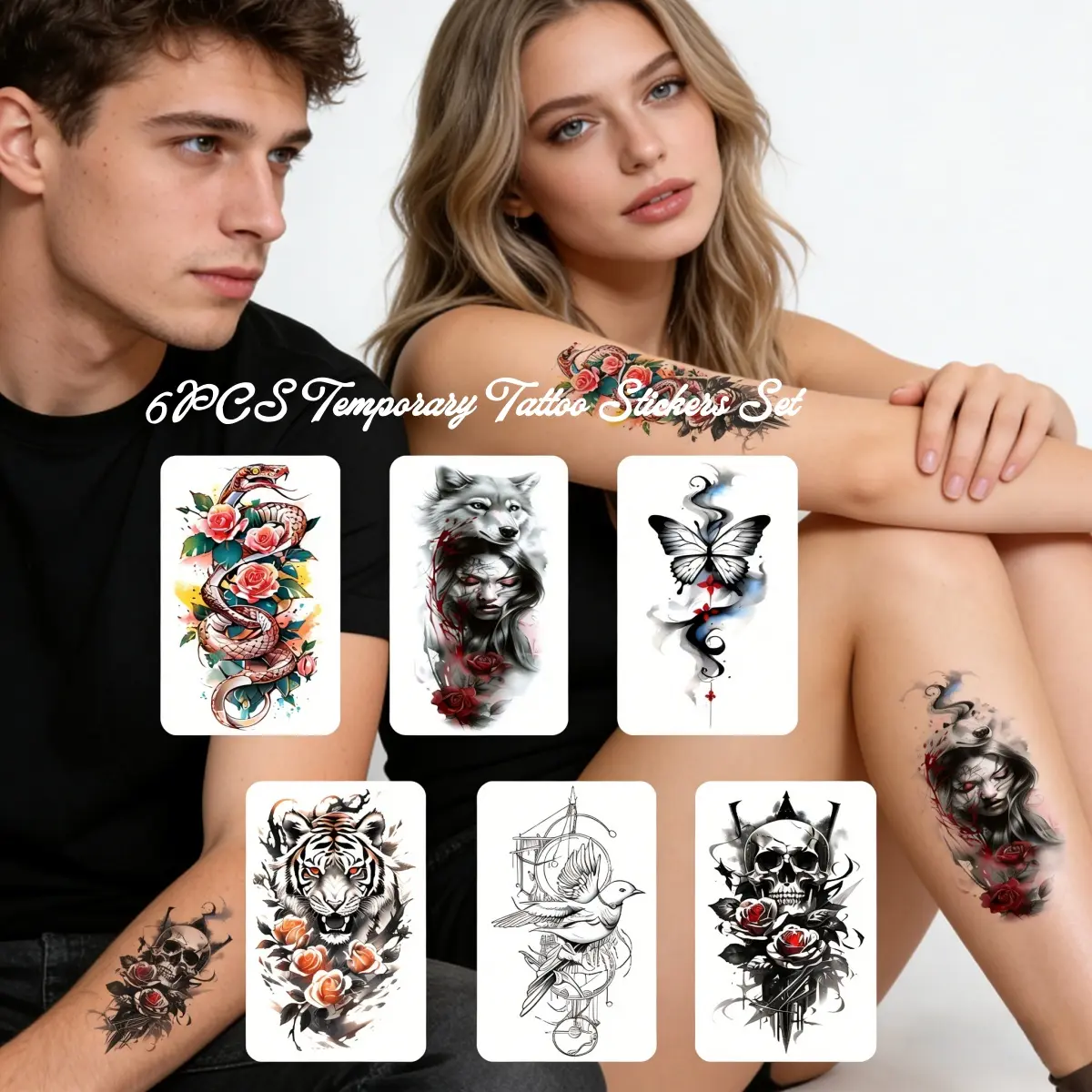 6 Sheets 3D Watercolor Temporary Tattoos for Women Girls, Waterproof Semi‑Arm Fake Tattoo Stickers, Vibrant Floral Rose Plant Insect Body Art Tattoos, Long Lasting Sweat‑Resistant Temporary Tattoos for Arms Shoulder Ankle Chest