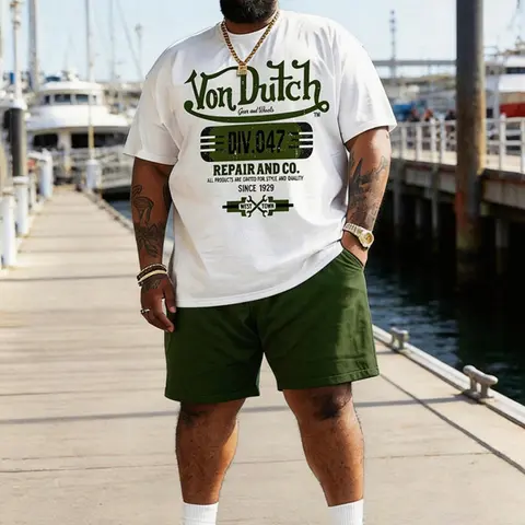 Men's Two-Piece Set, Short Sleeve Casual Suit, Colorblock Graphic T-Shirt & Military Shorts, Summer Vacation, Street Style