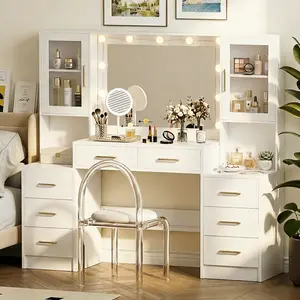 58.3”Vanity Desk with Mirror and Replaceable Lights & Charging Station,Bedroom Dressing Table,Large Vanity Set,8 Drawers and 2 Cabinets,Makeup Vanity Table with Charging Station,Without Stool,White/Black/Pink22