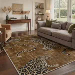 【Summervibes】GENIMO Area Rugs Machine Washable Non Slip Low Pile Print Pattern Rug for Living Room Bedroom Dining Room, Leopard Print Lightweight Indoor Rug, Golden Bronze