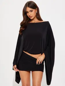 Women's Fashion Off-Shoulder Flare Sleeve Top + Trendy Short Skirt Set, Casual Loose Fit for Spring & Fall, Daily Wear