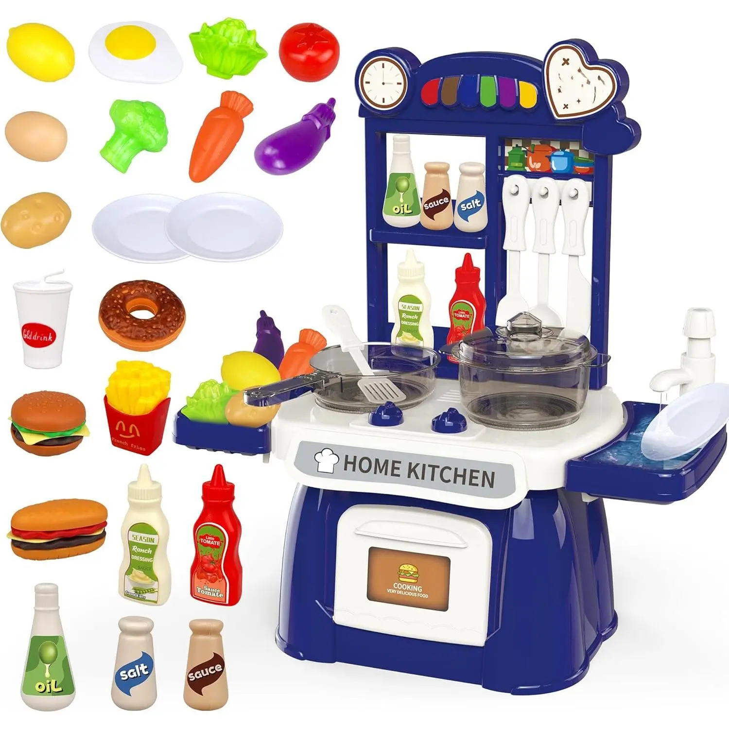 Lyons Blue Toddler Kitchen Playset - Toddler Gifts, Kid-Safe Pretend Cooking Toy with Sound, Light, Running Water Play Sink, Electronic Induction Stove, and Kitchen Accessories, Kid-Safe Kitchen Playsets