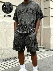 🔥 Rhinestone Flame Los Angeles Two-Piece Set | Loose T-Shirt and Shorts Set, Y2K Street Style, Shiny Sequins, Hip-Hop Summer OOTD, Loose Casual Sportswear for Men, Trendy TikTok Style, Outfit, Streetwear, Fashion
