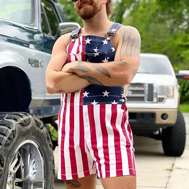 Men's and Women's American Flag Denim Overalls Stretch Shorts, Patriotic, Merica Menswear Suits Sleeveless