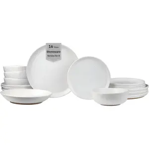 16- Boho Farmhouse Stoneware Dinnerware Set for 4, Semi-Matte White Plates and Bowls Sets with Rustic Speckled , Ceramic Dish Set, Modern Dishes, Microwave & Dishwasher Safe, Kaya
