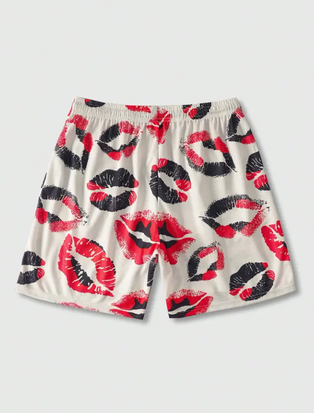 ROMWE MEN Street Life Valentine/Love/Couples/Heart/XOXO/Kisses/Hugs And Kisses/Be Mine/Babe/Baby/Kiss/Lip/Heart/Cupid/Angel/Rose/Smile/Butterfly/Cherry/Strawberry/3D Rose/Flower/Bow Print Mesh Shorts For Men, Spring/Summer