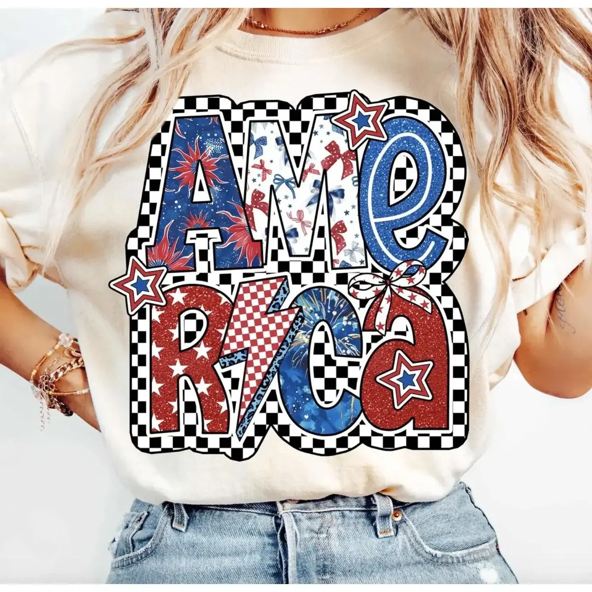 Preppy America T-Shirt, America Checkered Tee, 4th of July Shirt, Memorial Day Tee, USA Shirt, Patriotic Tee, Independence Day Gift, Womenswear