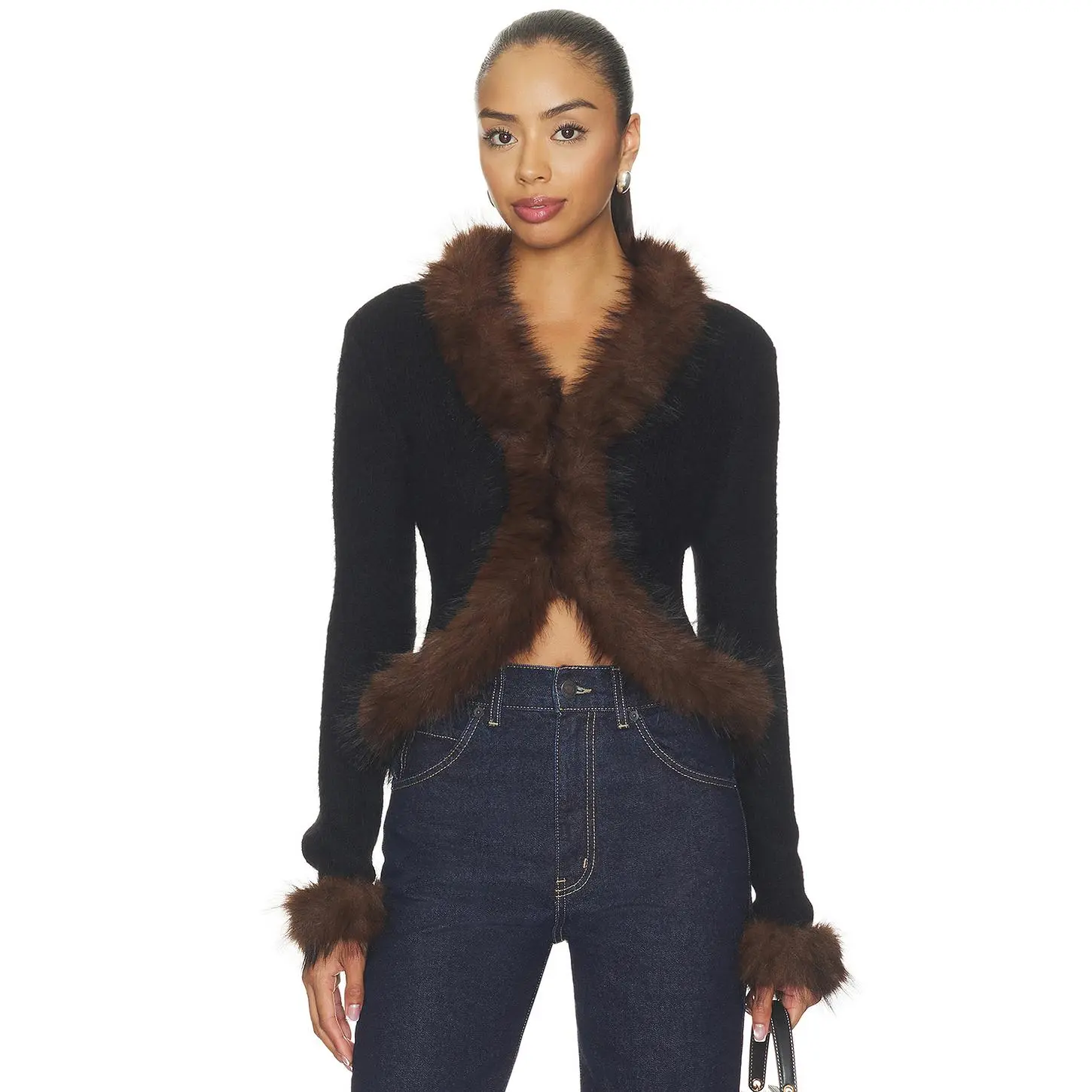 self-portrait Black Faux Fur Knit Cardigan in Black