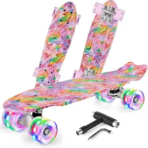 22 inch Skateboards for Kids, Cruiser Skateboard for Beginners Girls Boys Teens Adults, Mini Skateboards Classic Complete Skate Board with Skate T-Tool, Max Load 220 LBS