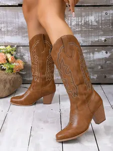 Vintage Western Boots for Women, Embroidered Mid-Calf Booties, PU Leather, Rubber Sole, Spring & Fall Fashion, Party Essential