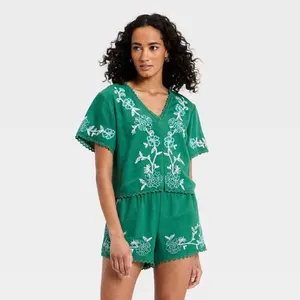 Women's Short Sleeve Cutwork V-Neck Blouse - Universal Thread