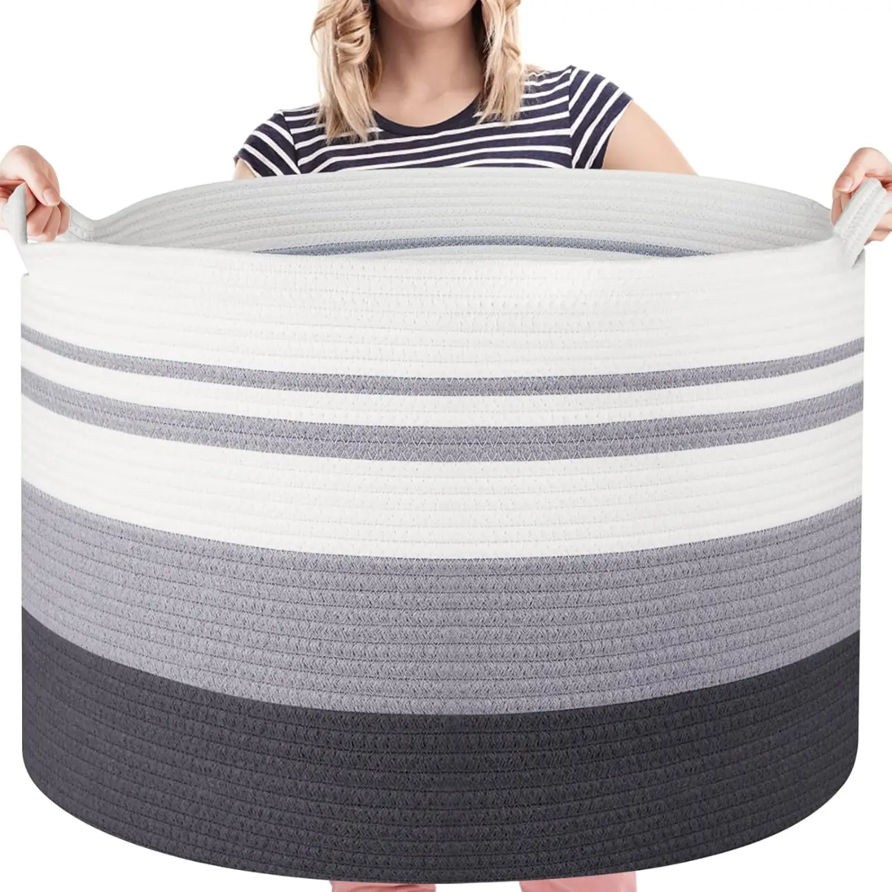 Storage Basket Large Cotton Rope Basket 21.7"x 21.7" x 13.8" Baby Laundry Basket with Handle Big Basket Soft Nursery Cube Bin Laundry
