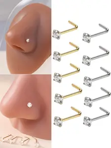 5pcs Stainless Steel Elegant Shiny Cubic Synthetic Zirconia Nose Studs, Simple L-shaped Nose Rings, Suitable for Daily and Party Wear, All-season Versatile, Also a Perfect Gift for Friends