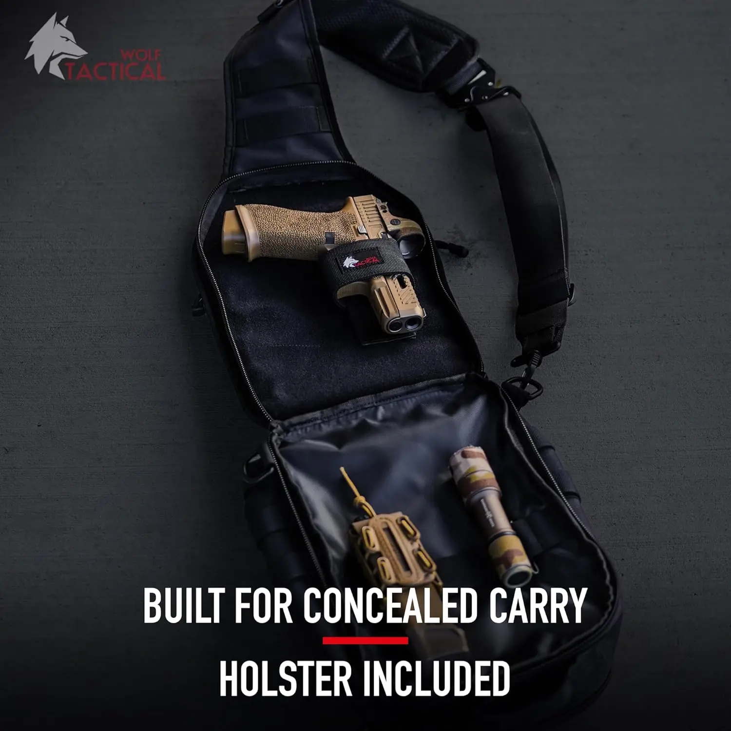WOLF Tactical EDC Sling Bag - Concealed Carry Shoulder Bag for Range, Travel, Hiking, Outdoor Sports (Black)