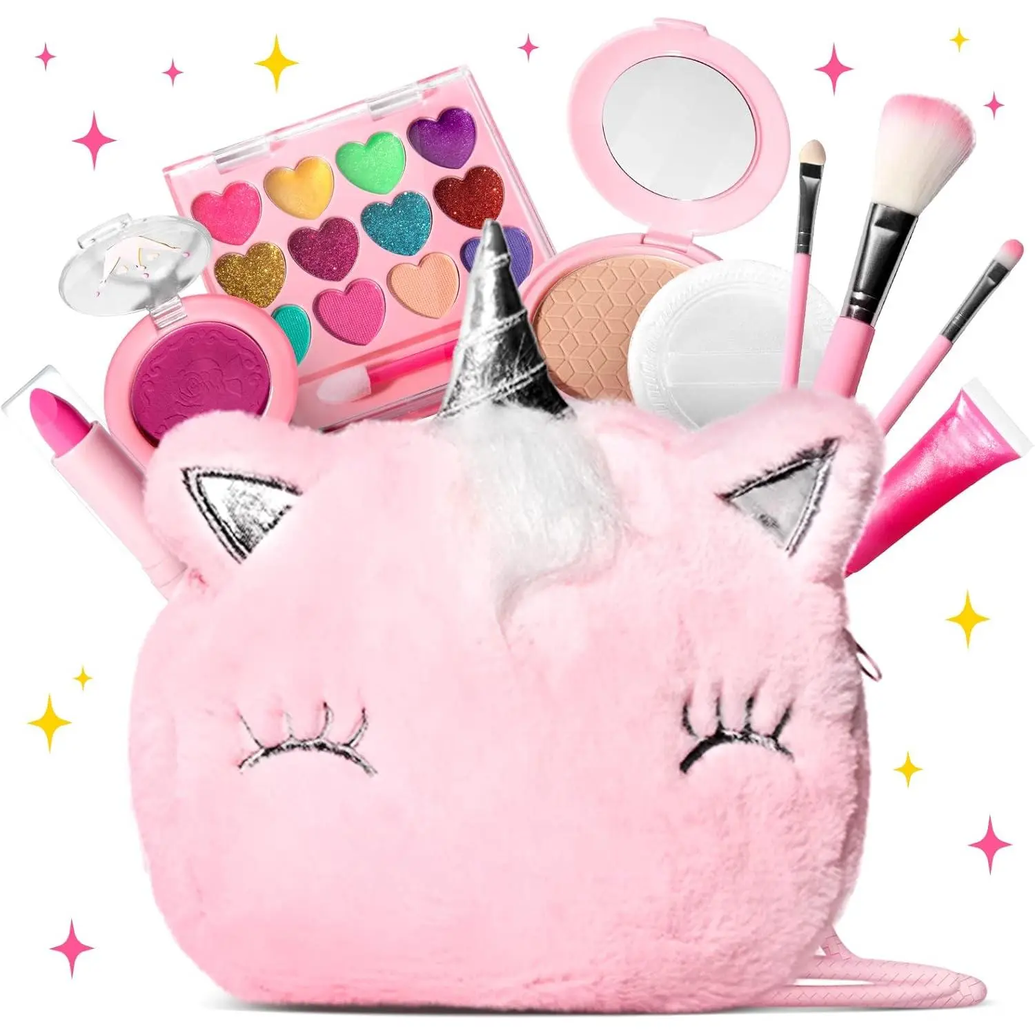Unicorn-Themed Paraben-Free Washable Makeup Kit for Little Girls - Mirror, Lipstick, Pencils, Compact Holiday Gift Toy