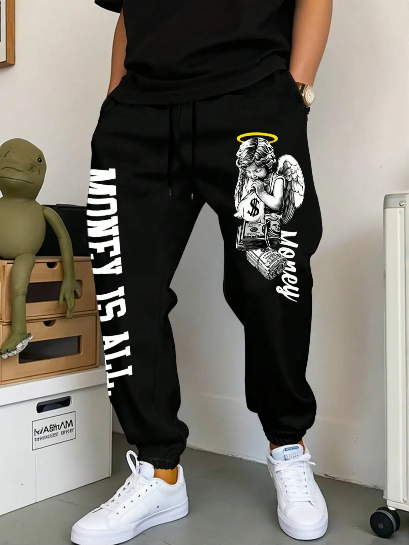 Men's Casual Sporty Long Pants, Angel Money Pattern Print Joggers, Drawstring Hem Loose Fit, All Season Men's Clothing, Streetwear Joggers, Printed Sweatpants