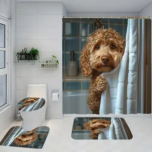 1/4 cute little dog design bathroom set, including soft floor mats, toilet seat cushions, shower curtains, creating elegant decoration, home decor, floor mats with good rebound, water absorption, anti slip, and preferred gift giving