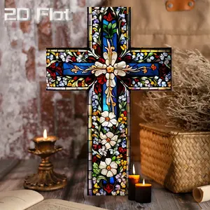 Vintage Church Wall Decor, Colorful Glass Cross with Floral Design, Wooden Frame, Perfect for Home, Prayer Room, Easter Gift, Religious Home Decor