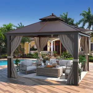 12x12 FT Outdoor Hardtop Gazebo, Gazebo with Double Roof, Netting & Curtains, Patio Gazebo for Backyard Deck Garden