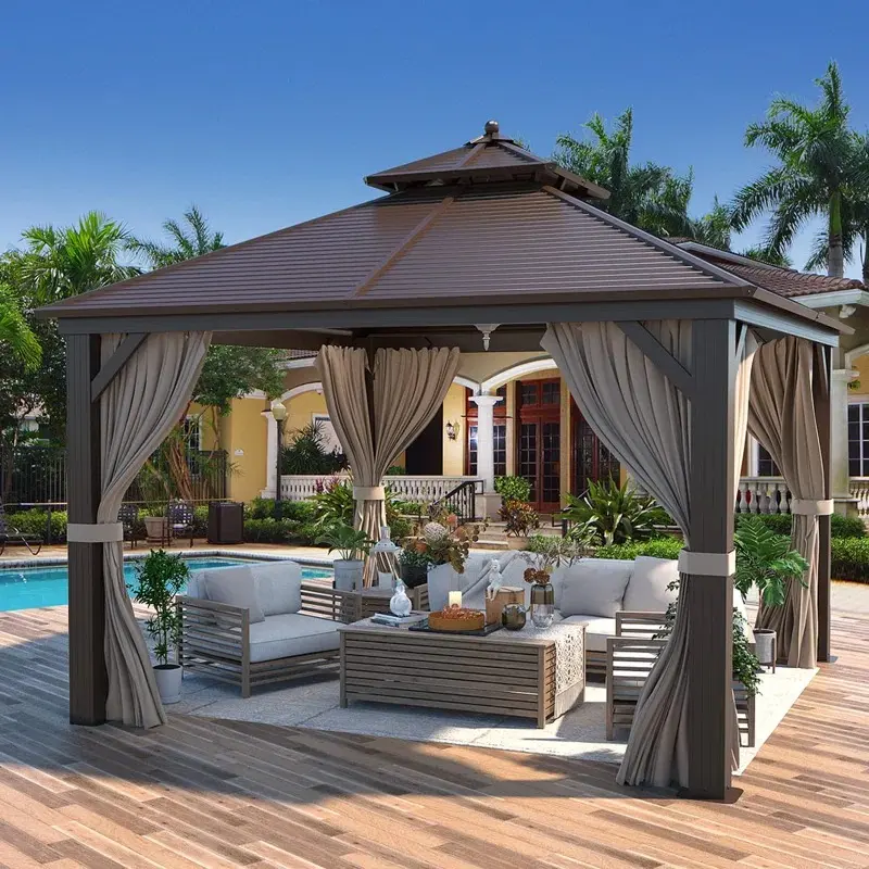 12x12 FT Outdoor Hardtop Gazebo, Gazebo with Double Roof, Netting & Curtains, Patio Gazebo for Backyard Deck Garden