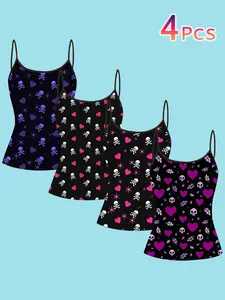 Sweet Cool Skull Heart Print Strap Top, Girl Hot Style Inner Layer, Dark Atmosphere Shirt, Slim-Fitting, All Seasons, Casual