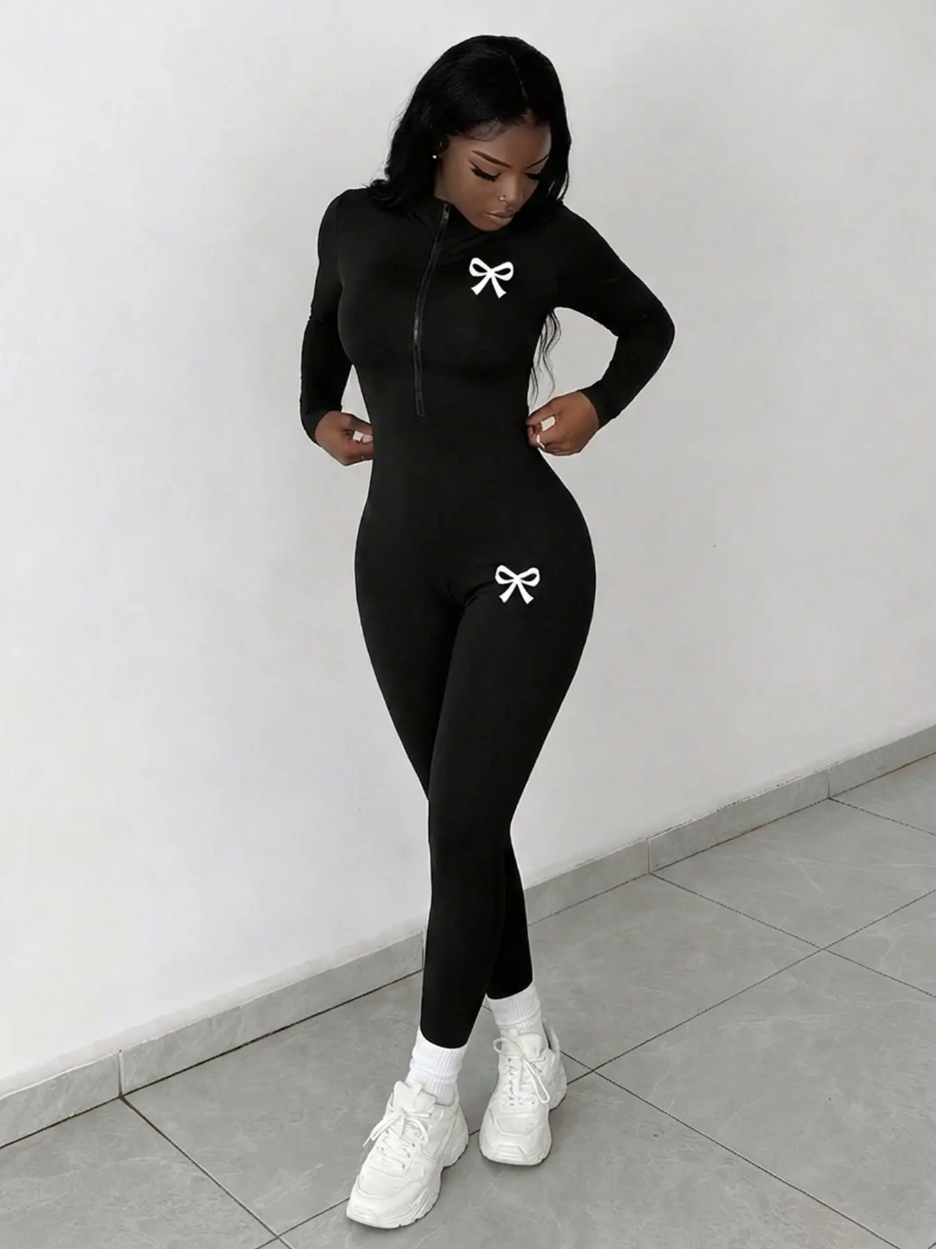 Women's Elastic Long Sleeve Zipper Jumpsuit, Stand Collar, Cute Bow Print, Casual Sporty Fit, Spring & Fall, Natural Waist