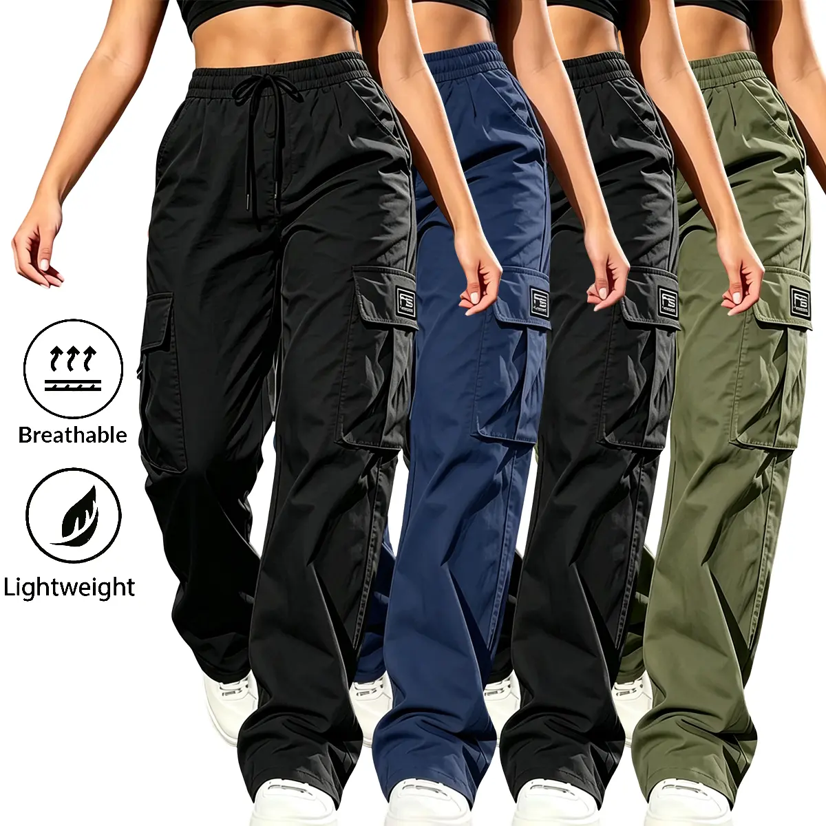 Women's 4-Pack Retro Casual Cargo Pants - Polyester Clothes, Mid Waist, Elastic Drawstring Waistband, Solid Simple Look, Large Side Pockets, Straight Loose Fit, Preppy Street Style, All Season, Multi-Color, Suitable for Daily Wear & Versatile Occasions, L