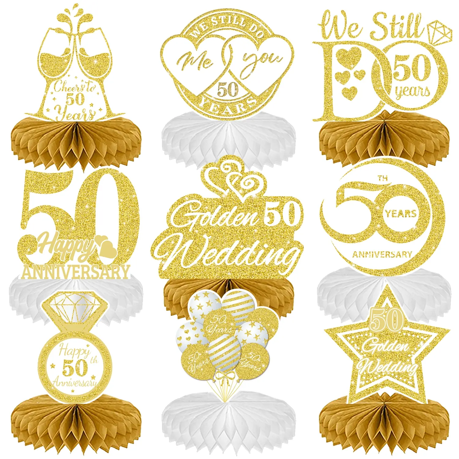9Pcs Set 50th Wedding Anniversary Centerpiece Decorations Table Decorations, 50th Anniversary Party Decorations White Gold Happy 50th Wedding Anniversary Party Supplies