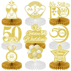 9Pcs 50th Wedding Anniversary Centerpiece Decorations Table Decorations, 50th Anniversary Party Decorations White Gold Happy 50th Wedding Anniversary Party Supplies
