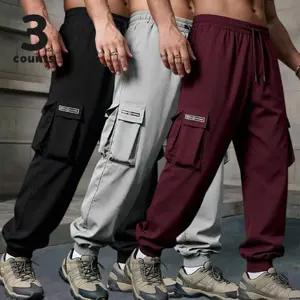 3-PACK Multi-Pocket Cargo Joggers | Black Streetwear Techwear Bottoms, Men's Drawstring Waist Loose Fit Sweatpants, Tactical Hiking Work Pants, Elastic Cuffed Trousers for Casual Outdoor Sports