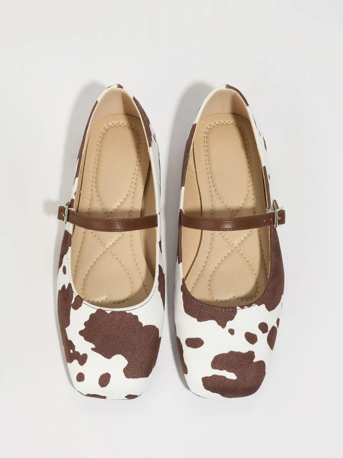 Fashion Women's Vintage Square Toe Mary Jane Shoes, Cow Pattern Strap Buckle Single Shoe, Comfortable Flat Ballet Flats