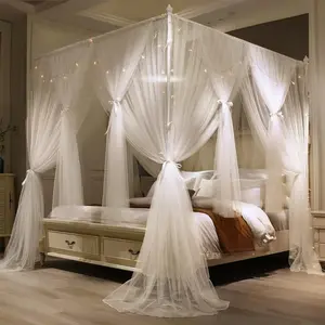 4 Corners Post Princess Bed Canopy Curtain Double Layer Cozy Drape Netting 4 Opening Mosquito Net for Girls & Adults Bedroom Decoration Accessories (Double White, 64" W*82" L*82" H, Queen)