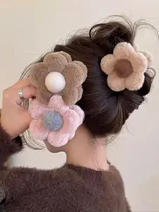 3pcs Autumn Winter Plush Colorblock Flower Hair Clips, Simple Sweet Back Headband Half Updo Shark Clip Hair Accessories, Fuzzy Hair Clip