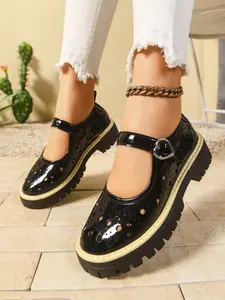 2026 New Round Toe Hollow Out Mary Jane Shoes, Thick Sole Platform Sandals, Multiple Colors Available, British Style Classic PU Leather Breathable Women's Shoes