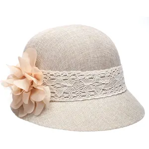 Women's Gatsby Linen Cloche Hat with Lace Band and Flower