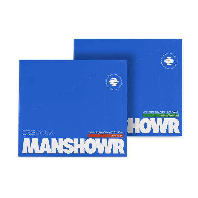 Manshowr XL Cooling Body Wipes (23inx16in) - Citrus and Eucalyptus - 2 Box Bundle (24 Wipes)