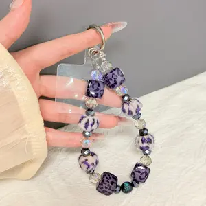 Purple Leopard Print Plush Iridescent Beaded Phone Chain | Gradient Leopard + Fur Balls + Iridescent Crystal | Sweet & Niche | Outing/Store Visit Phone Decoration | Hot Girl Personalized Outfit Item | Phone Charm