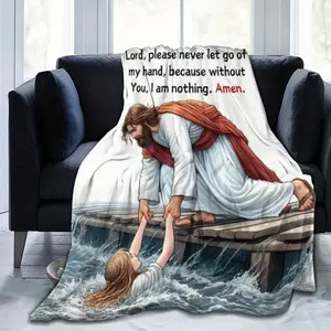 1pc Jesus Psalm Flannel Blanket, God Redeemer Design Soft Warm Flannel Throw for Sofa Bed Camping Travel, Holiday Gift, 280GSM