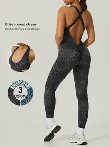 Women's Leopard Print Deep V Neck Bodysuit, High Waist Fitted One-Piece Workout for Yoga and Running, Comfortable and Breathable Sport Suit, Workout Jumpsuit