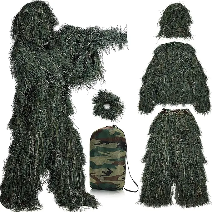 5 in 1 Ghillie Suit,3D Camouflage Hunting Apparel Including Jacket,Pants,Hood,Carry Bag Suitable for Unisex Kids Adults Youth Men
