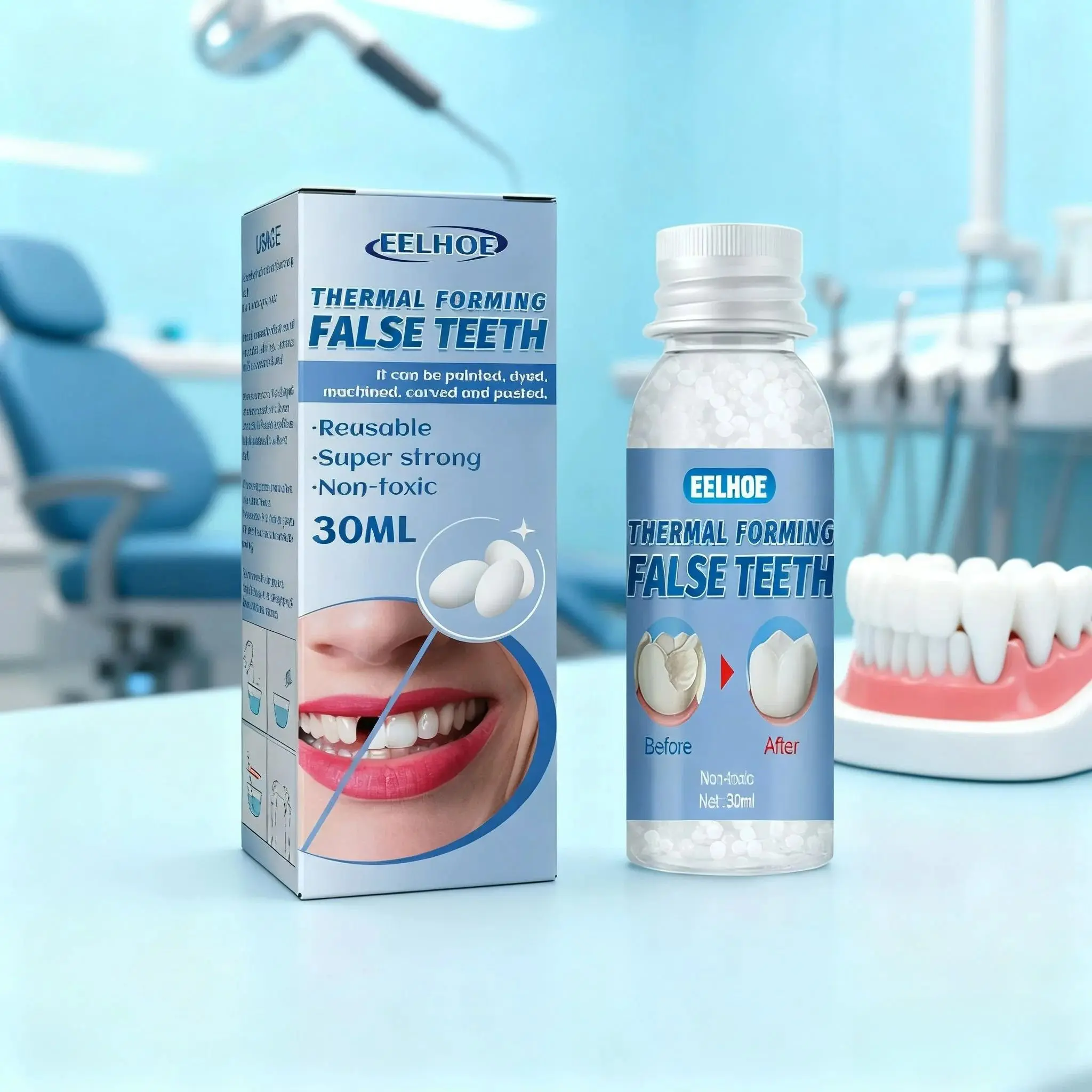 EELHOD Thermal Forming False Teeth Reusable Moldable Denture Repair Kit for Cosplay Daily Use 30ml Safe Non Toxic Material Easy Fit with Hot Water
