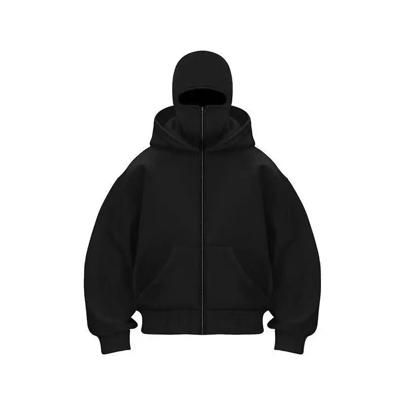 Unisex Balaclava Zip Up Hoodie Full Face Mask Sweatshirt Long Sleeve Athletic Jacket Autumn Winter Sports Casual Streetwear Couple Outfit Plain Black Ninja Hoodie Activewear with Pockets
